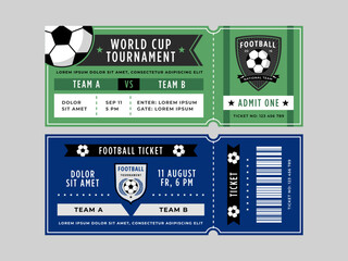 Soccer ticket. Football match entry pass with soccer ball emblem, sport event vector design template - obrazy, fototapety, plakaty