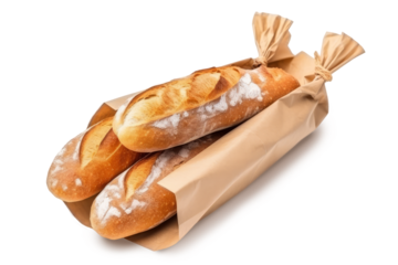 A fresh baguettes of bread in a paper bag, isolated on a transparent background