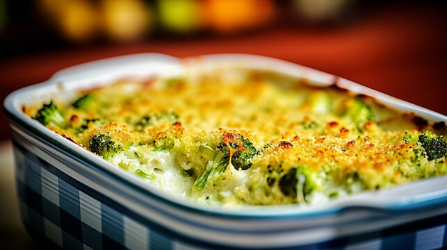 Broccoli Egg Cheese Casserole In Baking Dish On Concrete Background. Generative AI