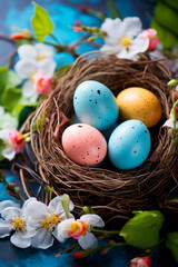 Fototapeta na wymiar Beautiful Easter eggs in a nest. Selective focus.