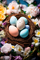 Obraz premium Beautiful Easter eggs in a nest. Selective focus.
