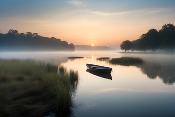 A serene lakeside at dawn, where the water mirrors the soft pastels of the morning sky