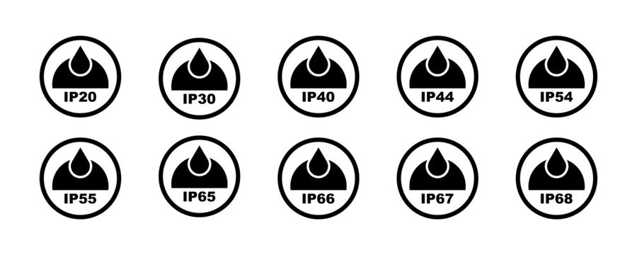 Set of waterproof and dustproof vector icons. Ip protect. Water and dust protection black label. Vector 10 Eps.