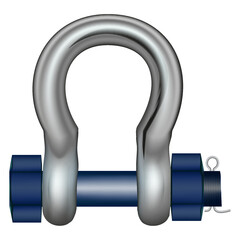 Shaped lifting shackle. That metal or steel with locking pin. Accessory or lifting equipment with breaking strength for winching, industrial crane rigging, tow strap and off-road jeep truck recovery.
