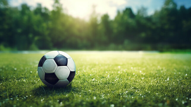 a soccer ball is lying on the grass on a soccer field, generative ai