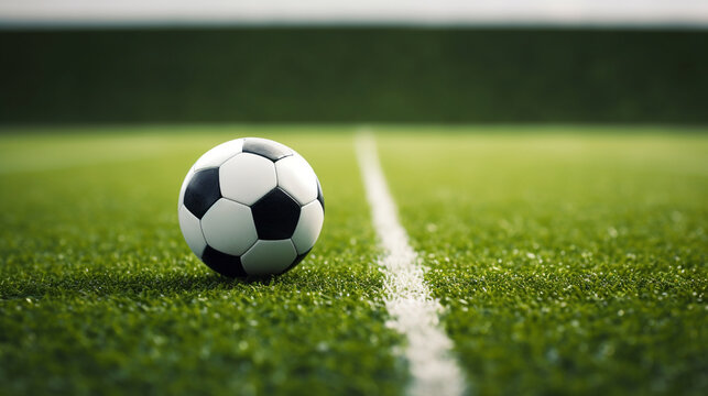 a soccer ball is lying on the grass on a soccer field with a white marking line, generative ai