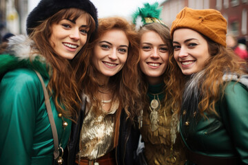 Fototapeta premium Joyful women friends enjoying St. Patrick's Day in the city