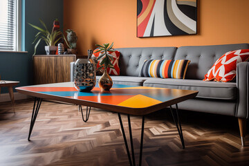 A modern coffee table with hairpin legs, retro inspired living room with vintage furniture, bold patterns, and vibrant colors