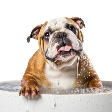 English bulldog bathing in tub