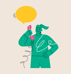 Woman talking on the phone. Communication by landline phone. Colorful vector illustration