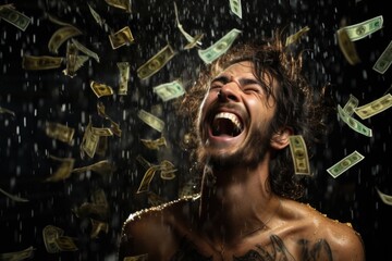 Wealthy shower: joyous cascade of money onto a blissful individual, embodying the triumphant concept of winning and amassing substantial wealth, a financial downpour symbolizing success and abundance. - obrazy, fototapety, plakaty