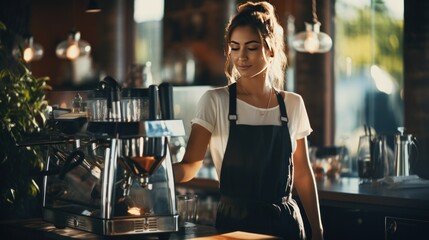 Female bartender prepares drinks using coffee maker in coffee shop - obrazy, fototapety, plakaty