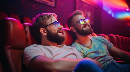 Happy gay couple watching movie at neon lights in cinema