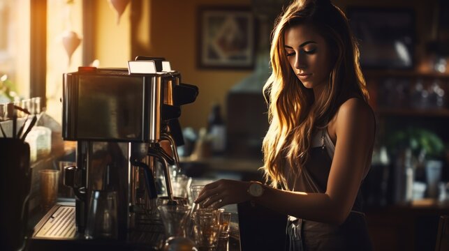 Female bartender prepares drinks using coffee maker in coffee shop