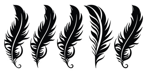 Bird Feather black silhouettes. Plumelet collection. Vector isolated on white - obrazy, fototapety, plakaty