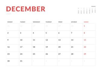 Monthly page Calendar Planner Templates of December 2024. Vector layout of simple calendar with week start Monday for print. Page for size A4 or 21x29.7 cm