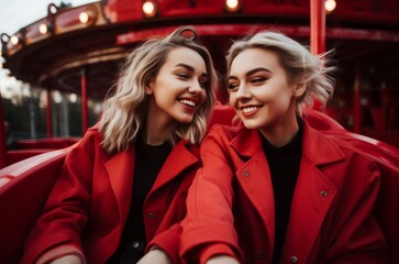 Two friends on red rollercoaster happy smiling. Cute blonde girl at funny holidays. Generate Ai