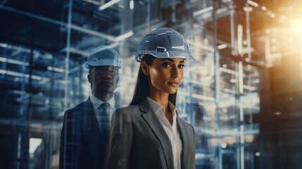 Fototapeta premium Overlay of male and female engineers with transparent buildings construction industry concept