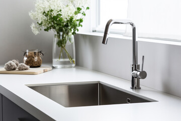 Minimalist kitchen with clean sink and green plants