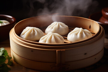 Fototapeta na wymiar Chinese steamed dumpling called Xiao Long Bao in a bamboo steamer basket. Generative AI