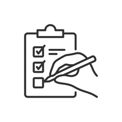 Hand filling out a checklist, linear icon. Clipboard with checklist. Line with editable stroke