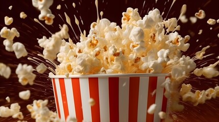 Popcorn bag with exploding popcorn in front of a dark background with popcorn scattered around. Popcorn bag bucket explosion isolated on clean background.