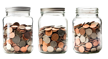 Collection of glass jar full of golden coins, isolated on transparent background - Powered by Adobe