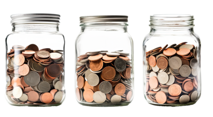 Collection of glass jar full of golden coins, isolated on transparent background