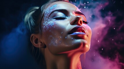 Powder splashed on the face of a beautiful neon woman.