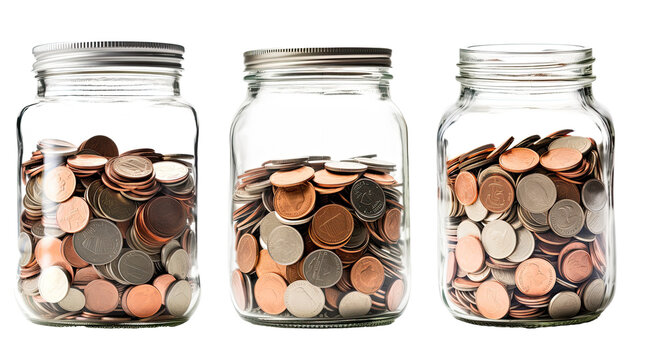 Collection of glass jar full of golden coins, isolated on transparent background