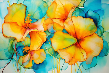 A vibrant alcohol ink creation with a burst of tropical colors