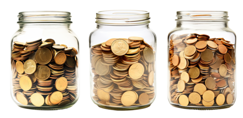 Collection of glass jar full of golden coins, isolated on transparent background