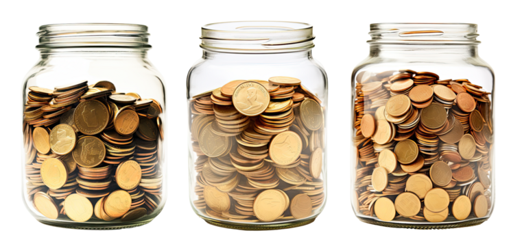 Collection of glass jar full of golden coins, isolated on transparent background