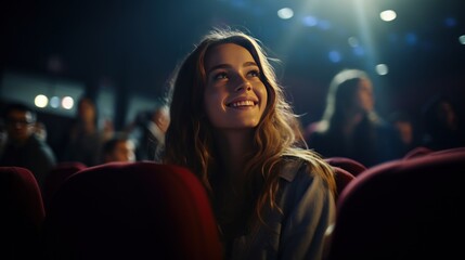 Young woman looking straight ahead happily watching a movie