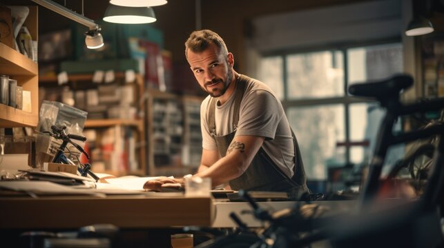 Young woman working using laptop in bicycle shop