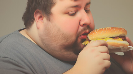hungry fat man eating cheeseburger. concept of unhealthy food. close up shot.