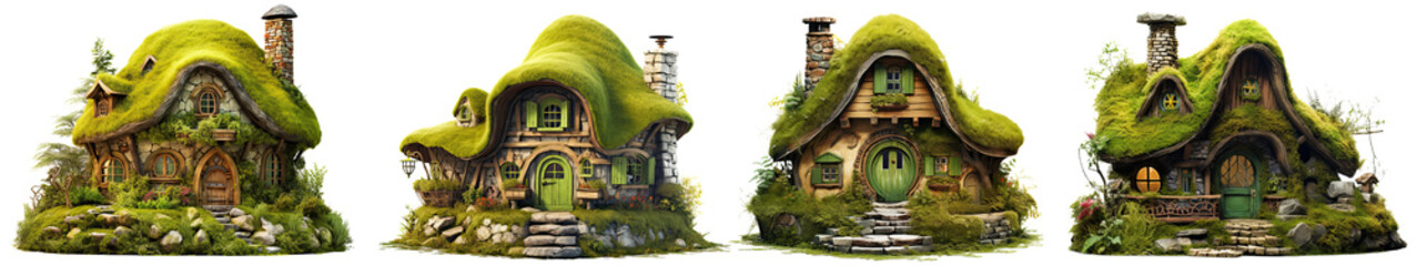 Moss cottage house cabin, magical fairytale house, moss witchy home made of stone and logs - isolated on transparent background