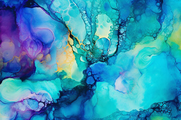 A vivid alcohol ink creation with swirling gradients of azure blueemerald greenand hints of amethystforming an enchanting aquatic-inspired composition.