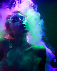 Fashion surreal Concept. Closeup portrait of stunning girl surround dissolve in neon swirling flowing smoke fog. illuminated with dynamic composition and dramatic lighting. copy text space