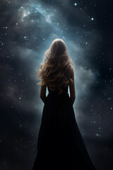 back view of a pretty young woman wearing a long flowing black dress - back view - full view - vibrant fantasy dark starry sky - fantasy black dress - auburn hair - obrazy, fototapety, plakaty