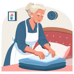 A hotel maid is cleaning the room. An elderly woman folds clean linens. Working in a hotel. Concept of hiring, advertising, business, internship.