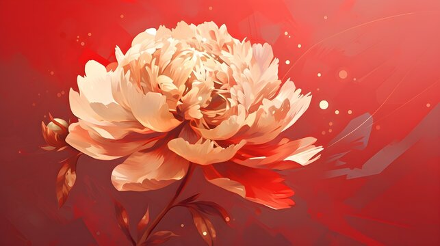 Gold Peony Chinese new year theme on red background banner wallpaper digital painting 
