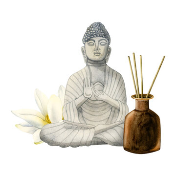 Buddha statue, aroma sticks in diffuser bottle and lotus flower watercolor illustration isolated on white background for spa relaxation, meditation, wellness and beauty design