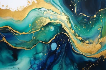 Poster An abstract alcohol ink piece featuring a harmonious blend of metallic golddeep navyand hints of emerald greencreating a luxurious and elegant composition. © Qayyum Art