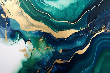 An abstract alcohol ink piece featuring a harmonious blend of metallic golddeep navyand hints of emerald greencreating a luxurious and elegant composition.