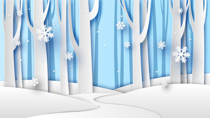 Illustration of Winter landscape with snow fall in forest. Merry Christmas and Happy New Year. paper cut and craft design. vector, illustration.	