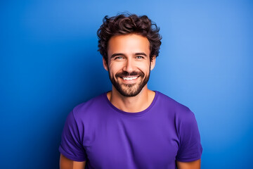 Homme brun avec barbe souriant sur un fond violet - obrazy, fototapety, plakaty