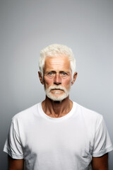Old senior man portrait, wearing white t-shirt