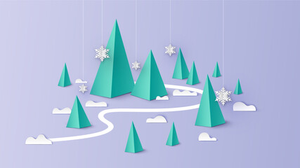 Paper art of Winter landscape. Winter background. Merry Christmas and happy new year. paper cut and craft design. vector, illustration.