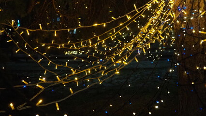 New Year glowing golden garlands hang over Christmas tree. Outdoor winter decoration. Festive...
